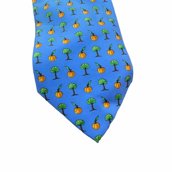Men's Silk Neck Tie Blue w/Peach Trees & Peaches - Picture 4 of 6